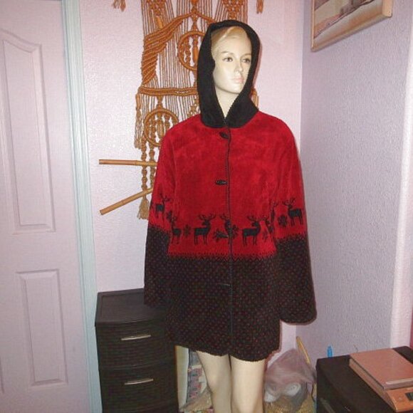 90s VTG Reversible Fleece Coat Size M High Pile Reindeer Toggle Hood Snowflakes - Picture 5 of 12